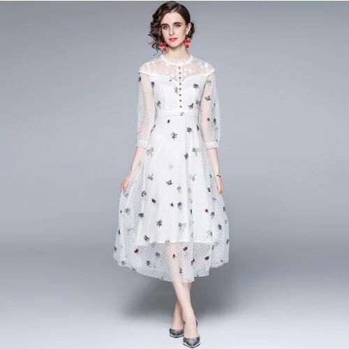 Runway Designer Summer Insect Flower Embroidery Lace Dress Womens 3/4 Sleeve Dot Mesh Party Midi Dresses Vestdios k9953