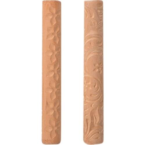 2Pcs Clay Modeling Pattern Rollers Flowers Pattern 6.3in Clay Rolling Pin Textured Roller Wooden Handle Pottery Tools