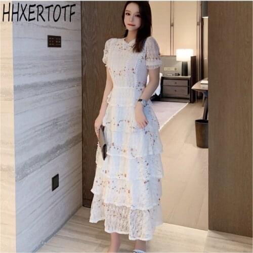 2020 summer Layer Ruffles Lace Maxi Dress Runway Women Floral Embroidery Dress Hollow Out Cake Party Dress