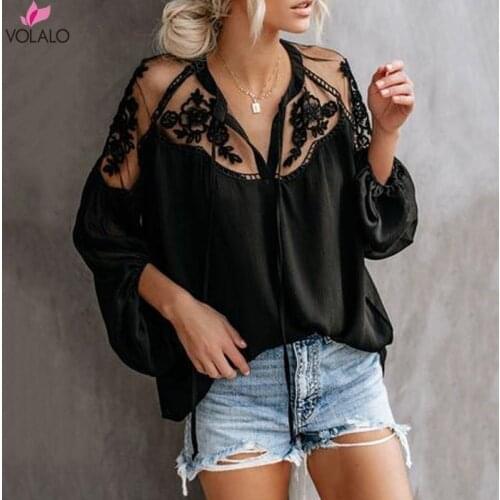 2020 Chiffon Womens V-Neck Casual Lace Mesh Stitching Long Sleeve Blouses with Lanern Sleeve Tops