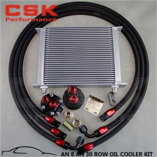 30 Row AN-8/AN8 Engine Transmission Oil Cooler + Filter Relocation Kit BLACK