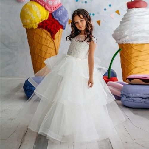 Ballgown Blush Pink Flower Girl Dress 2019 with Cap Sleeve White 1st Communion Dress for Little Girl Birthday Wedding Party Gown
