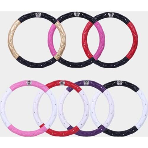 Two-Tone Steering Wheel Cover Leather Crown Crystal Lady Car Steering-Wheel Covers For Woman Girls Car Steering Accessories