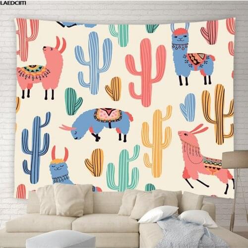 Cartoon Alpaca Tapestry Bohemia Owl Unicorn Cactus Plant Background Wall Hanging Cloth Hippie Style Child Bedroom Home Decor