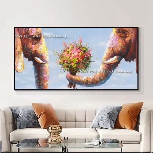 100% Handmade High Quality Abstract Two Elephant Oil Painting Cute Animal Pictures for Home Decoration Nice Gift No Framed