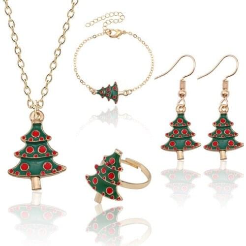 Fashion New Women Necklace Earrings Ring Bracelet 5 Piece Set Jewelry Green Tree Red Fruit Pendant Cute Girl Christmas Gift Hot