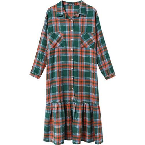 PERHAPS U Women Spring Pink Green Plaid Dress Turn Down Collar Single-breasted Pocket Long Sleeve Midi Dress D2317