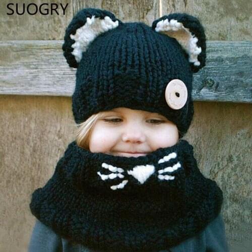 Stylish 2015 Winter Outdoor Black Knitting Wool Cat Soft warm Hats for Baby Girls Shawl Hooded Cowl Beanie Cap for 2-9years kids