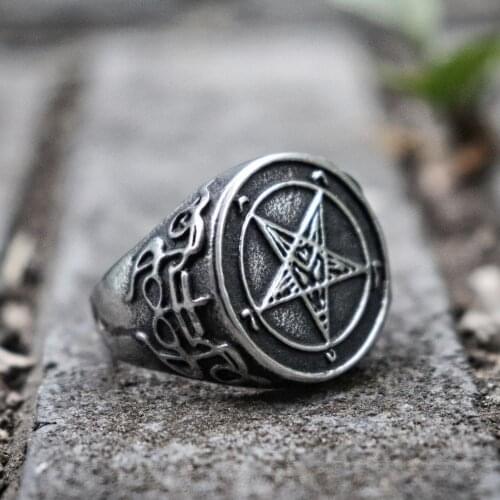 Unique Gothic Inverted Pentagram Satanic Skull Ring Mens Satan Demon Stainless Steel Biker Rings Baphomet Jewelry