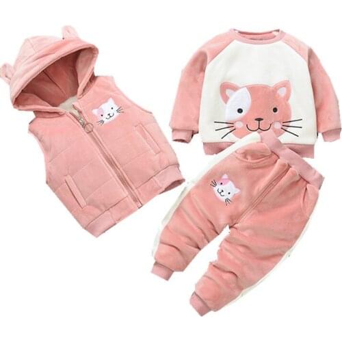 2021 Autumn Winter Thicken Girl Hooded jacket Warm Plus velvet Sweater+Trousers 3Pcs Toddler Baby girls Clothes Suit Tracksuit