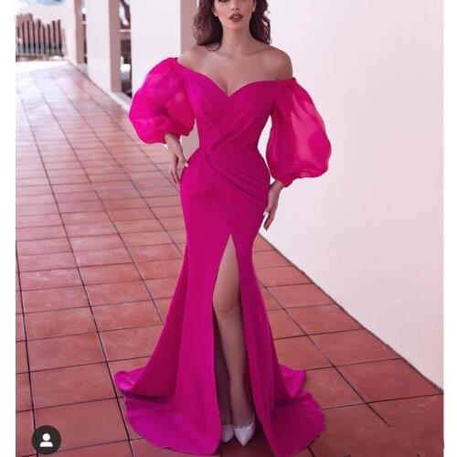 In Stock Formal Party Dress Mermaid Fuchsia Long Sleeve Evening Gowns Cheap Sexy Prom Dresses 2020