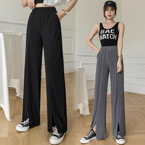 High Quality 2021 Spring Summer Wide Leg Ice Silk Pants Women High Waist Loose Casual Long Stacked Slit Pants Womens Trousers