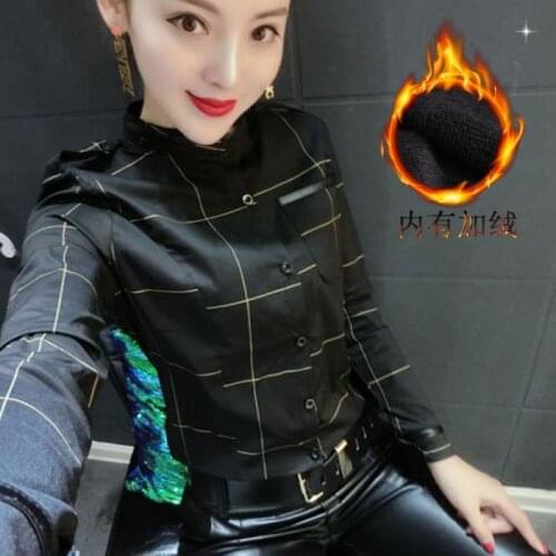 Women Blouse Autumn Winter St Collar Leather Patchwork Plaid Long Sleeve Large Size Womens Clothing Blusas Ropa De Mujer