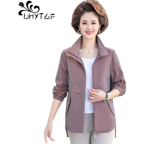 UHYTGF Womens Coat Fashion Embroidered Spring Autumn Windbreaker Female Casual Short Jacket Elegant Thin 4XL Plus Size Tops 1686