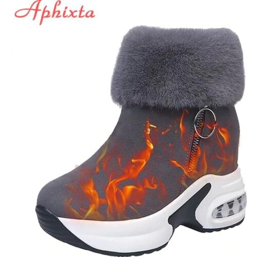 APHIXTA Warm Ankle Boots For Women Platform 5cm Height Increasing Zip Winter Furry Shoes Warm Chunky Sole Hot Snow Boots Woman