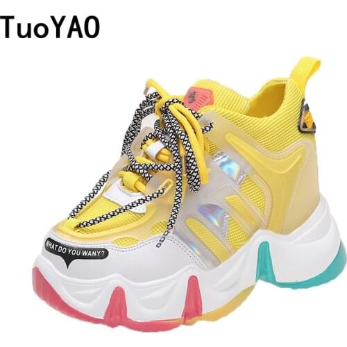 Women Chunky Sneakers Summer Ladies Thick Sole 9CM Wedges Casual Shoes Woman Breathable Mesh Sports Vulcanize Shoes Yellow Pink