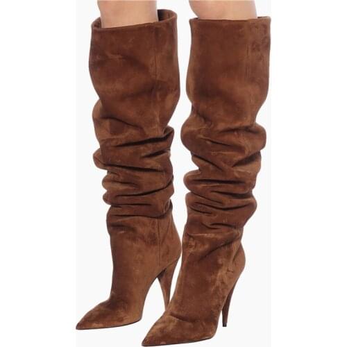 Pleated Solid Color Pointed Thin Heels Women Knee-high Boots Big Size 35-44 2020 Fashion Ladies Shoes Zapatos De Mujer