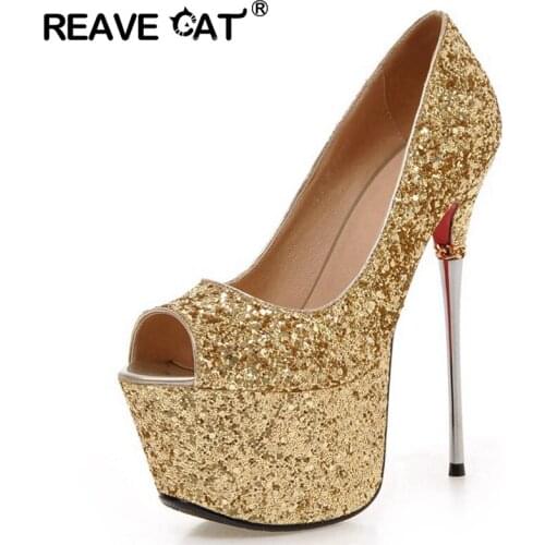 REAVE CAT New Vogue Bling Giltter Peep toe Platform Ultra high heels Woman shoes Nightclub Sexy Pumps Party Zapatos mujer A285
