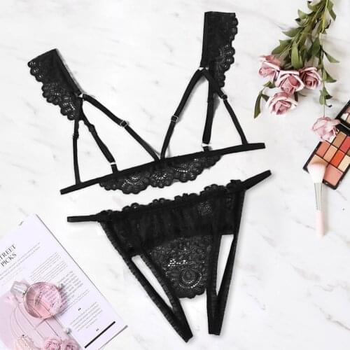 Lenceria Sensual Mujer Women Plus Size Hollow Out Lace Bra Erotic Lingerie Set Porno Crotchless G string Sexy Underwear Set 2XL