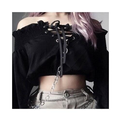 2020 Slim and bare navel Japanese weariness girls top cool one shoulder chest strap long sleeve T-shirt