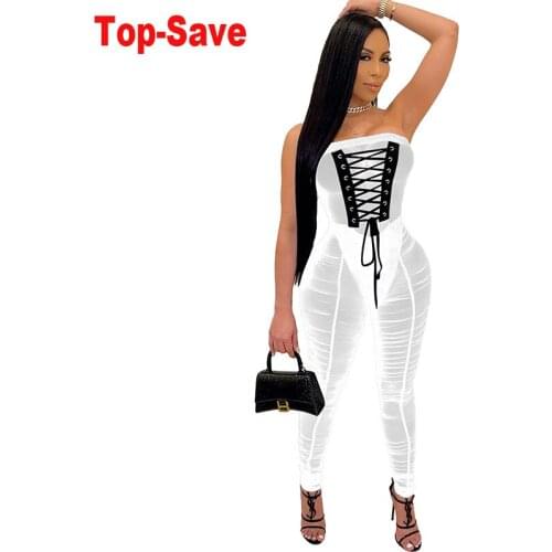 2021 New Arrival Holiday Birthday Outfits For Women Jumpsuit Elegant Solid Strapless Sexy Overalls Lace-Up Pencil Pants Bodysuit