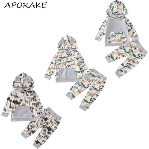2021 0-3Y Casual Baby Boy Clothing Spring Fall Outfits Trendy Animal Tree Print Long Sleeve Hoodie With Pocket+Pants Set 2pcs