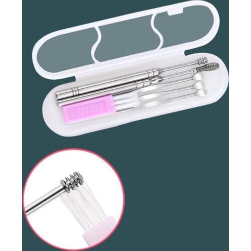 6Pcs/Set Stainless Steel Ear Wax Removal Tools Kit Hygiene Care Spiral Spring Curette Earpick Cleaning Spoons with Brush C1FF