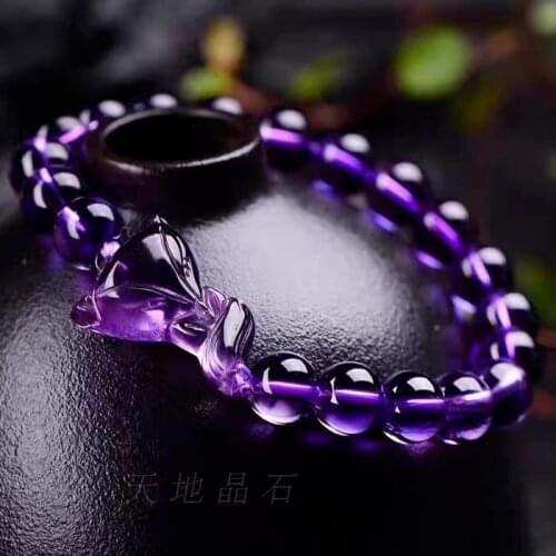 Natural Purple Amethyst Quartz Bracelet Round Beads Fox Pendant 10mm 8mm 12mm Women Men Crystal Fashion Hot AAAAA
