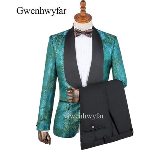 Gwenhwyfar Design Green Blue Red Peacock Tail Pattern Jacquard Tuxedo Mens Party Prom Dress Suits Black Pants Men Wedding Suits