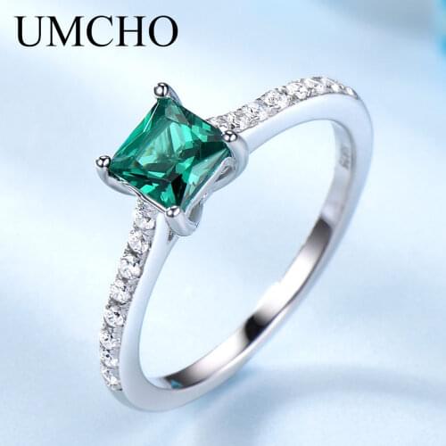 UMCHO Solid 925 Sterling Silver Jewelry Created Nano Russian Emerald Rings Romantic Wedding Band Gift For Women Fine Jewelry