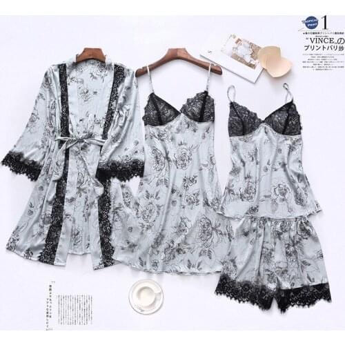 Summer New 4PCS Pajamas Suit Female Kimono Robe Gown Sets Intimate Lingerie Print Flower Sleepwear Casual Nightwear Home Wear