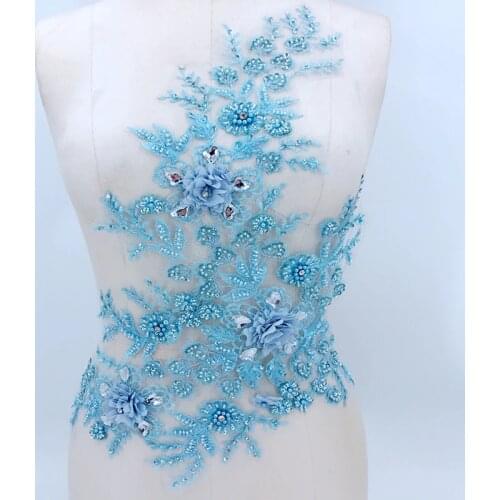 1Piece Light Blue Lace Applique Flower Rhinestone Embroidery Neckline Beaded Stoned Organza Lace Trim Collar Motif
