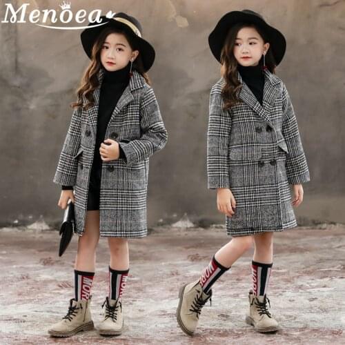 Menoea Girls' Coats 2020 Autumn And Winter Korean Version Gray Plaid Houndstooth Outerwear Big Childrens Woolen Coat Clothes