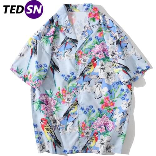 Aelfric Eden Parrots Flowers Print Loose Hawaii Men Shirts Streetwear Casual Short Sleeve 2020 Summer Tropical Beach Cotton Tops