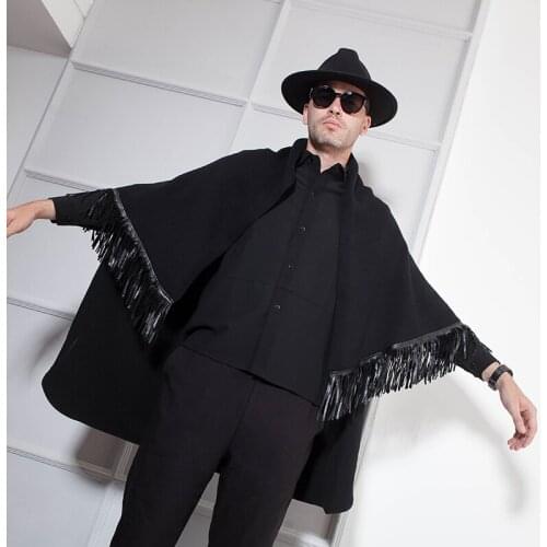 Cape Men Fall and Winter Cape Style Korean version of handsome Cardigan with fringe personality Black Cape Cape Fashion