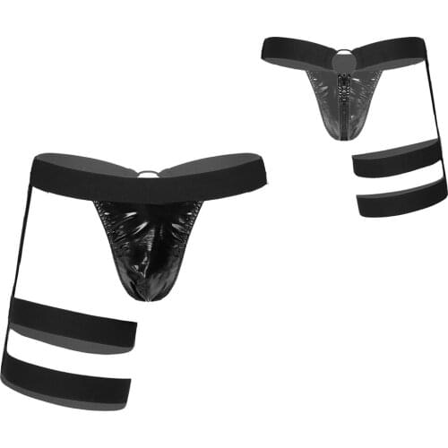 Mens Elastic Band Sissy Lingerie Underpants Briefs Thong O-Ring Patent Leather Jockstrap G-String Underwear with Leg Garters
