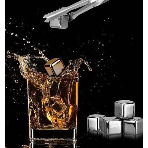 Set of 4/6/8pcs Stainless Steel Wine Whiskey Ince Stones Freezer Cubes Mold Reusable Chilling Stones with Tray Tongs DQ9154