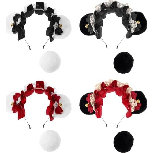 Anime Lolitas Cute Animal Headband Cute Plush Bear Ears Lace Ruffle Bowknot Bell Hair Hoop with Tail Masquerade Cosplay Headwear