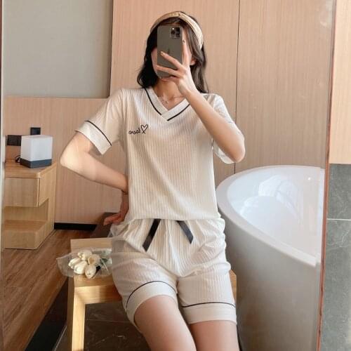 2021 Summer Cotton Short Sleeve V-neck Pajama Sets for Women Korean Shorts Sleepwear Suit Pyjamas Homewear Pijama Mujer Clothes