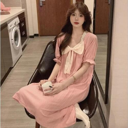QWEEK Women Nightgown Bow Lace Nightdress Korean Fashion Long Sleep Dress Summer Autumn Short Sleeve Homedress Comfortable Cute