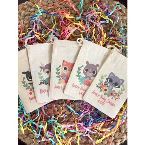 Woodland Theme party favor bags customize Baby Shower welcome Treat Bags Animal birthday gift bag muslin candy bags baptism bag