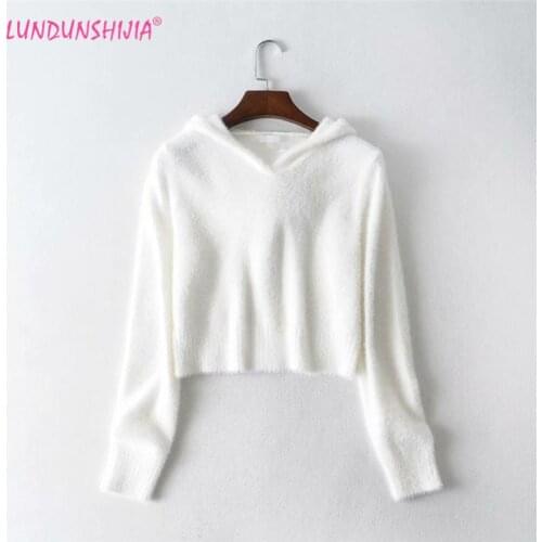 LUNDUNSHIJIA 2019 Autumn Women Simple Mohair Knitting All-match Pullover Tops Women Casual Short Style Hooded Sweaters