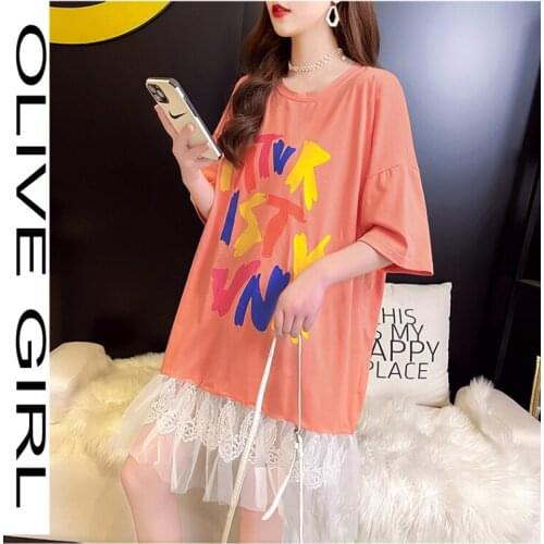 Large Size New Womens T-Shirt Skirt Summer Vintage Letter Printed Long Tees Short-Sleeved Mesh Patchwork Loose Black White Tops