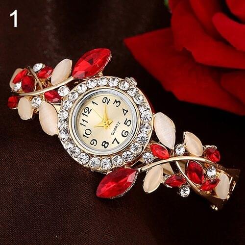 Womens Leaves Round Dial Rhinestone Inlaid Bracelet Quartz Dress Wrist Watch
