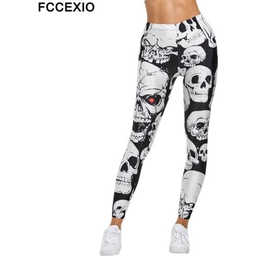 FCCEXIO Women Skull Print Sport Leggings New Pants Workout Fitness Jogging Running Pants Gym Tights Stretch Sportswear Leggins