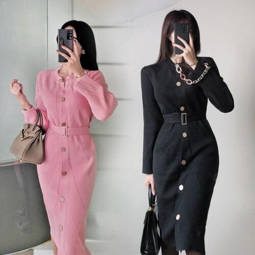 Elegant Korean Single-Breasted Long Dress Women OL Chic Pink Knitting Dresses Autumn Spring Office Mid-length Vestidoes Female