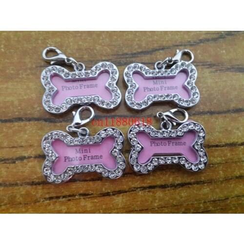 100pcs/lot Free Shipping 32x20mm Pet Collar ID Tag Dog Name Tag Rhinestone Bone Shaped Doggie Puppy Crystal Photo Frame