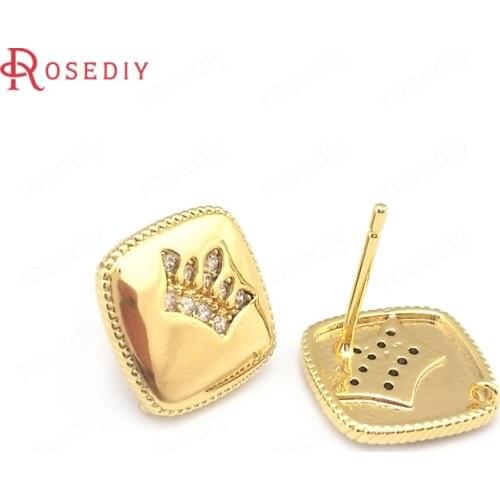39640)4PCS 24K Gold Color Brass and Zircon Crown Rounded Square Stud Earrings Pins Earrings Jewelry Making Supplies Findings