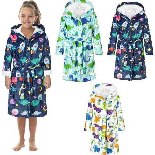 Kids Bathrobe Autumn Winter Warm Velvet Cartoon Robes Soft Hoodie Nightgown Girls Pajamas Boys Sleepwear Childrens Bathgowns