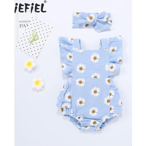2021 Baby Summer Clothing Infant Newborn Baby Girl Daisy Print Romper Flying Sleeve Ruffled Cotton Linen Jumpsuits With Headband